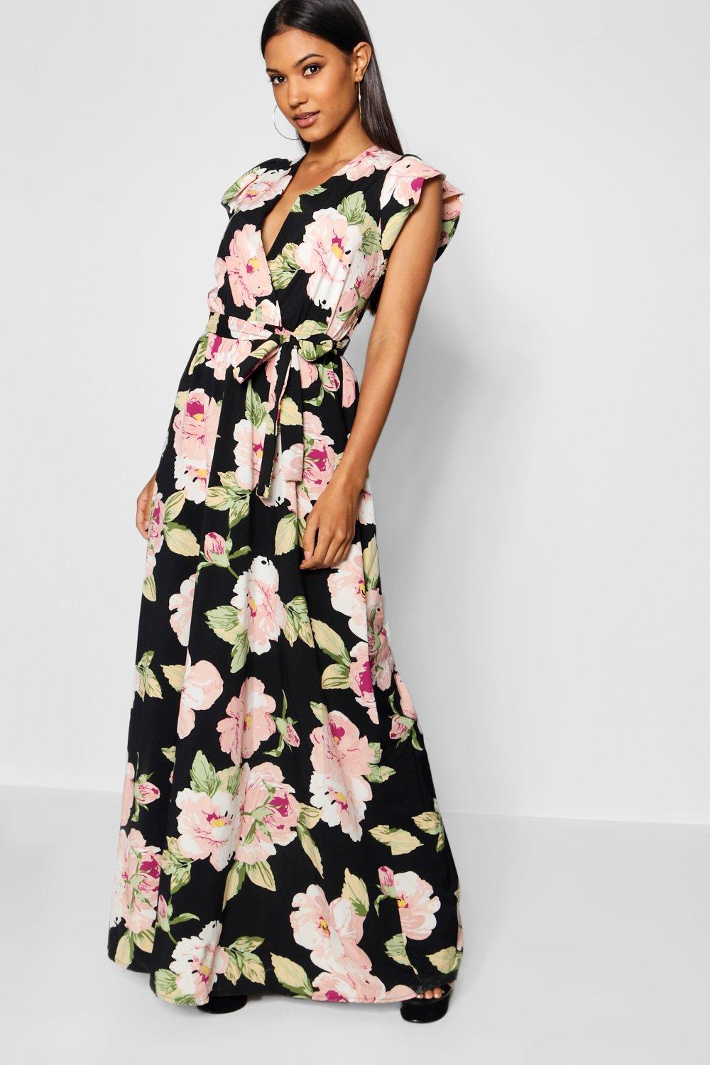 Women's Premium Rose Print Wrap Maxi Dress | Boohoo UK